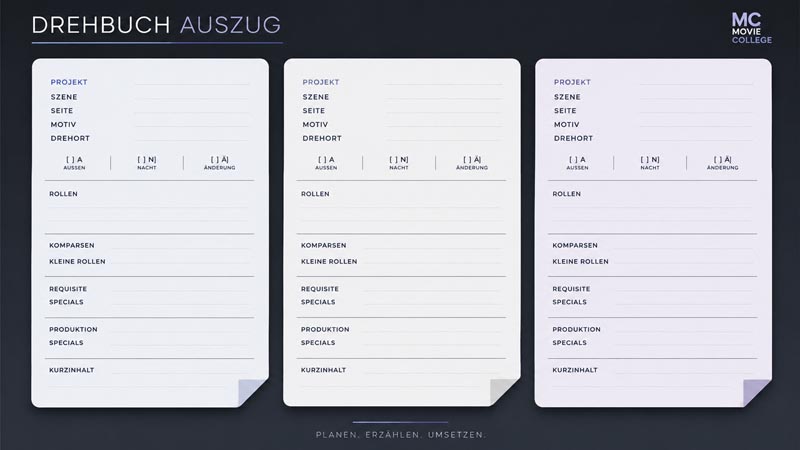 Formulare für Drehbuchauszüge