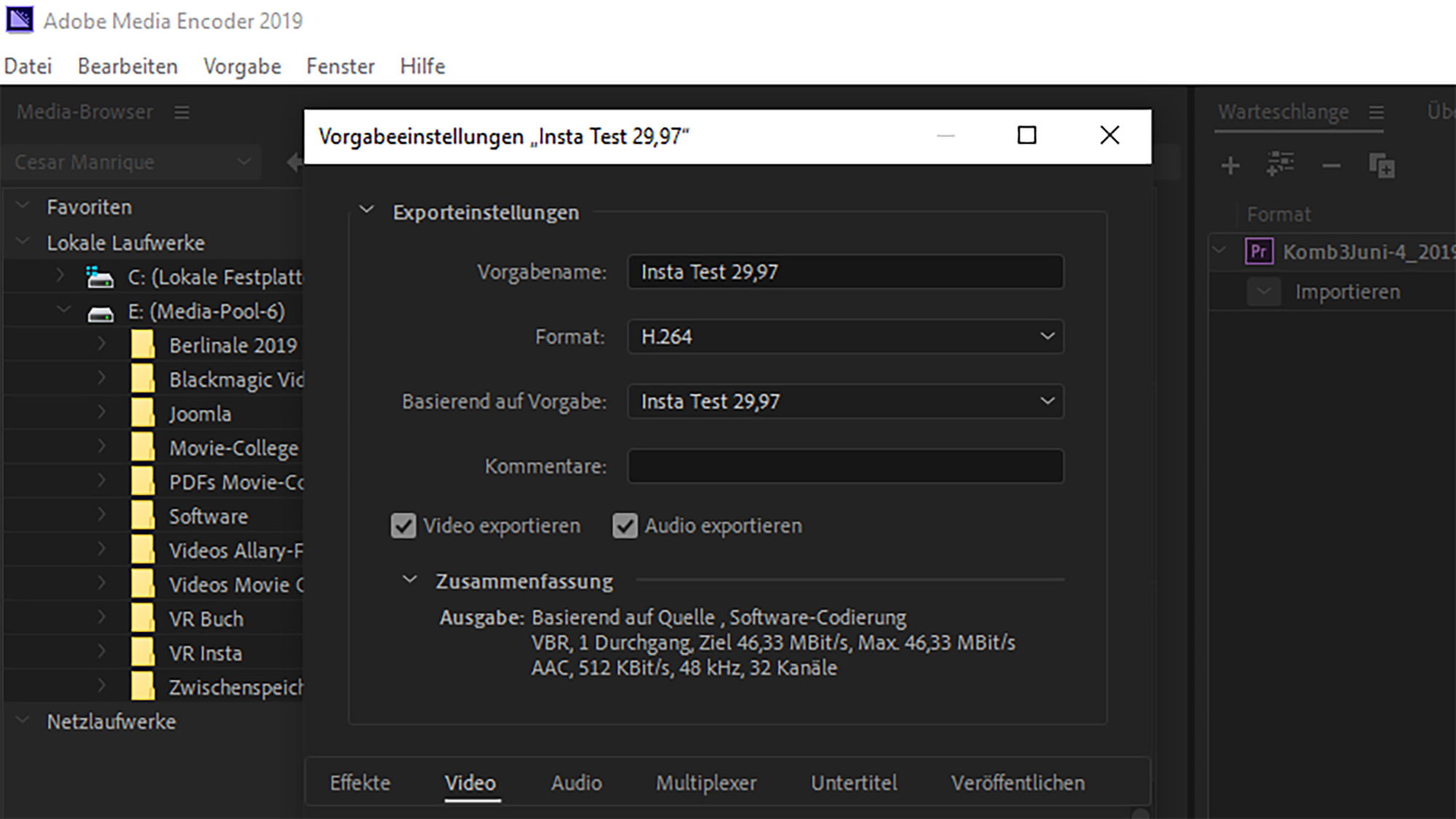 Screenshot Exporteinstellung Insta Test 29,97 2000